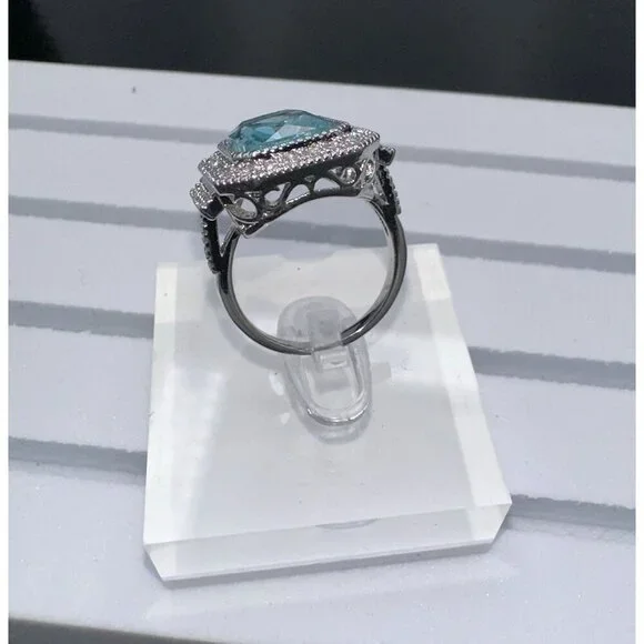 Aquamarine Cubic Zirconia & White Crystal Statement Ring - Picture 12 of 16